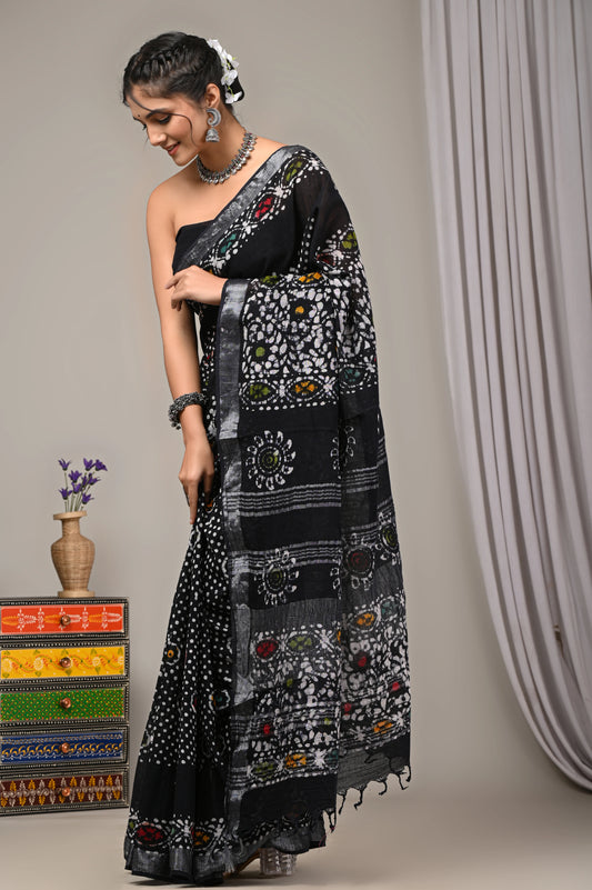 Hand Block Printed Linen Saree