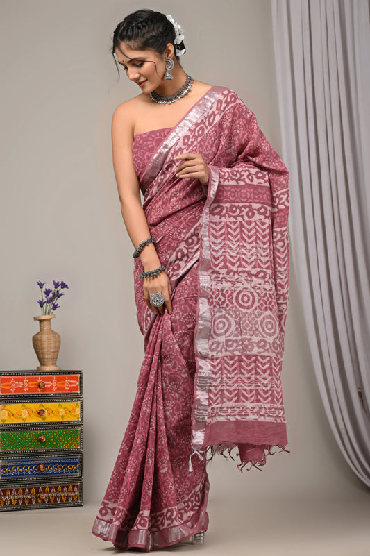 Hand Block Printed Linen Saree