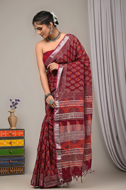 Hand Block Printed Linen Saree