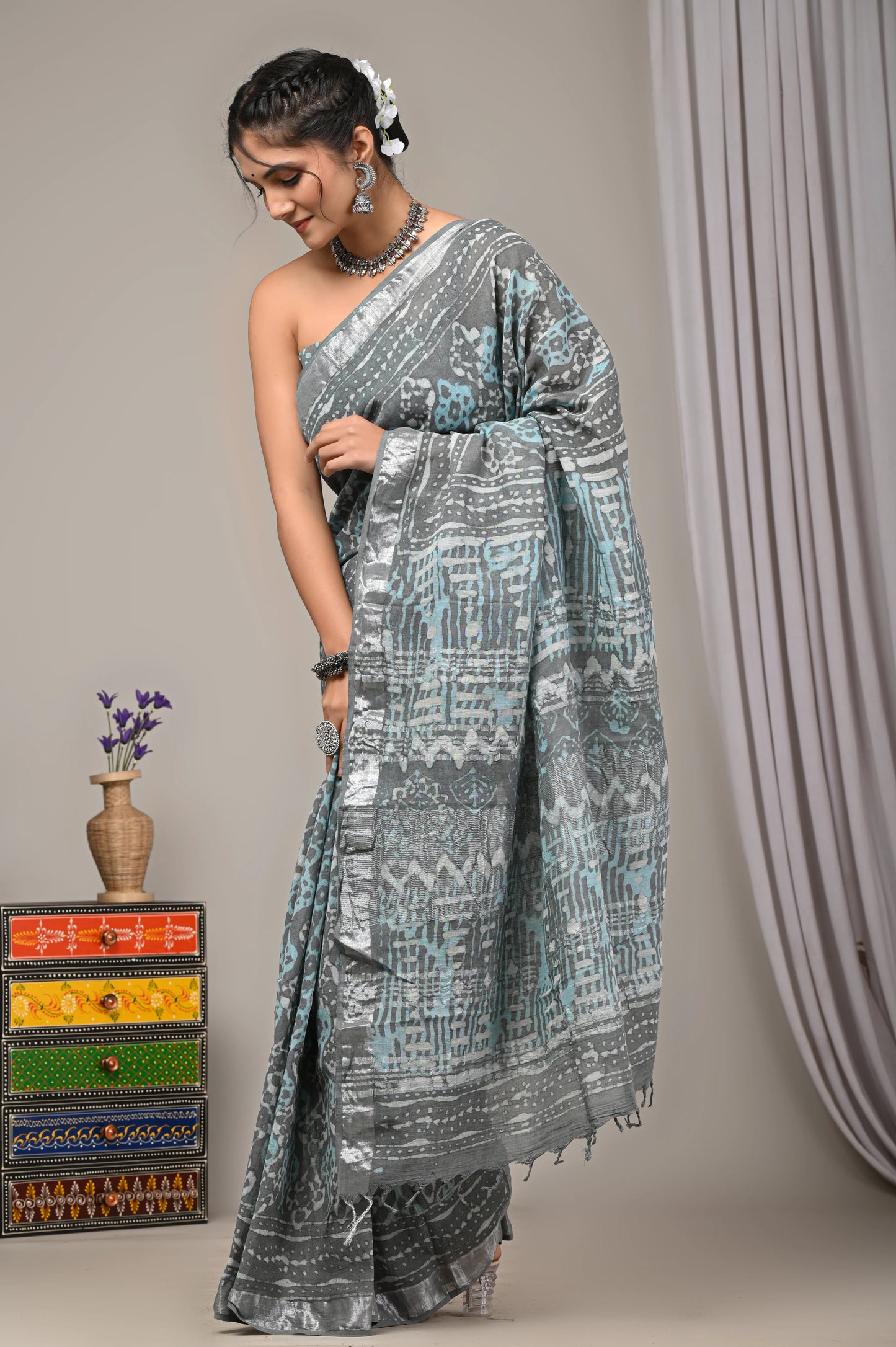 Hand Block Printed Linen Saree