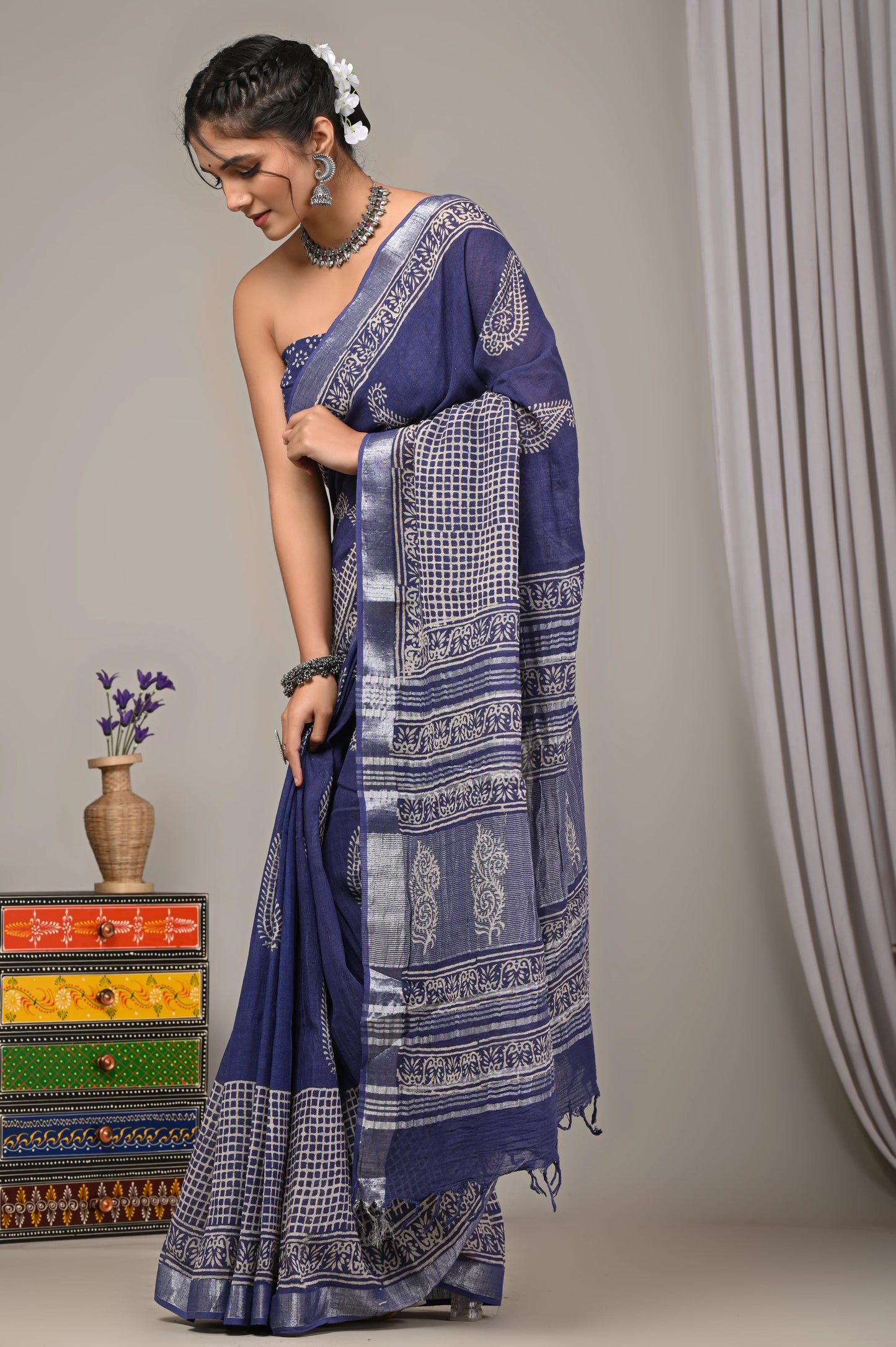 Hand Block Printed Linen Saree