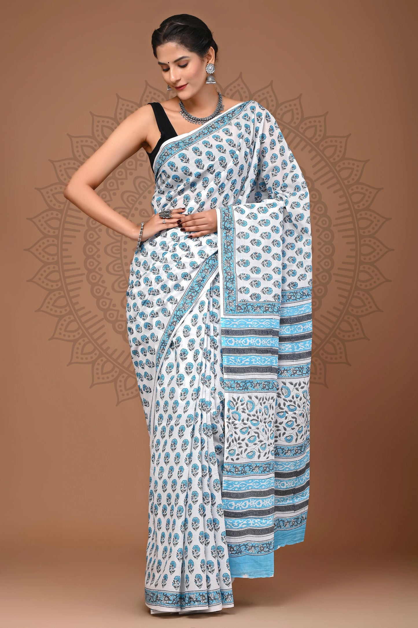 Hand Block Printed Pure mul Cotton Saree