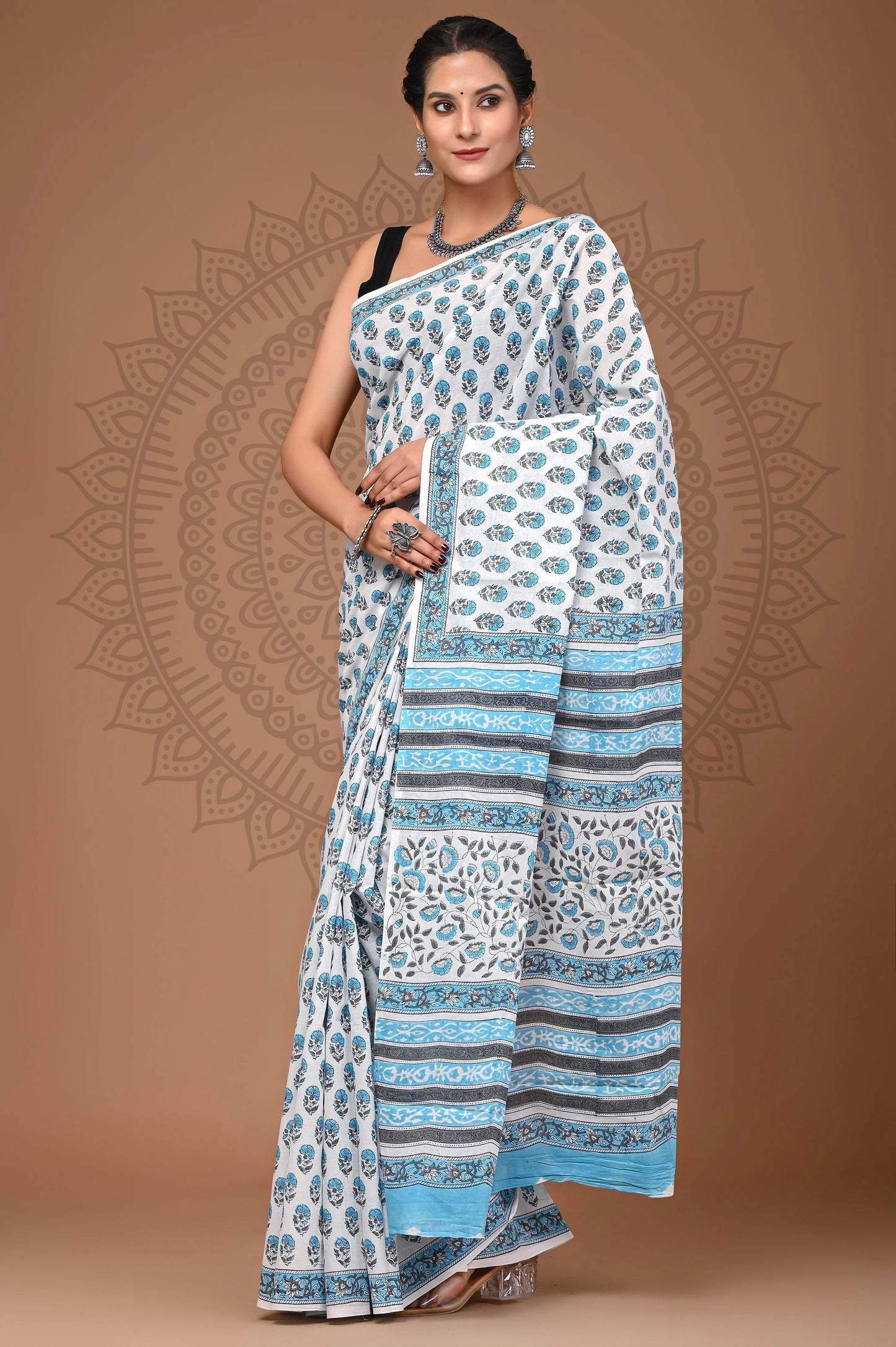 Hand Block Printed Pure mul Cotton Saree