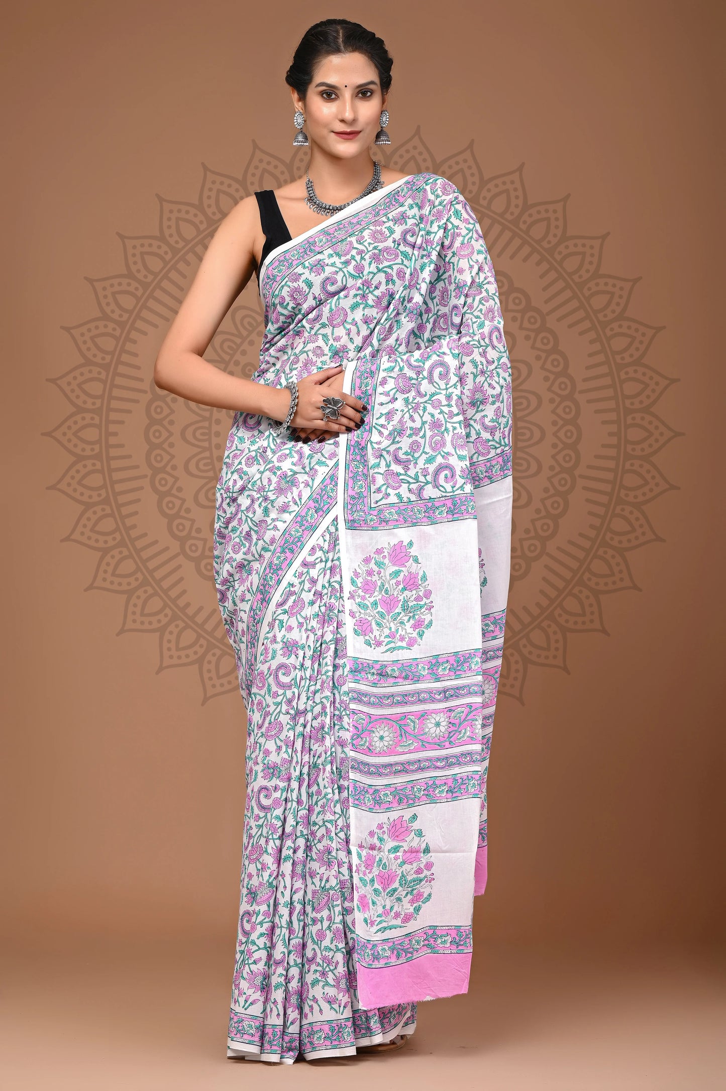 Hand Block Printed Pure mul Cotton Saree