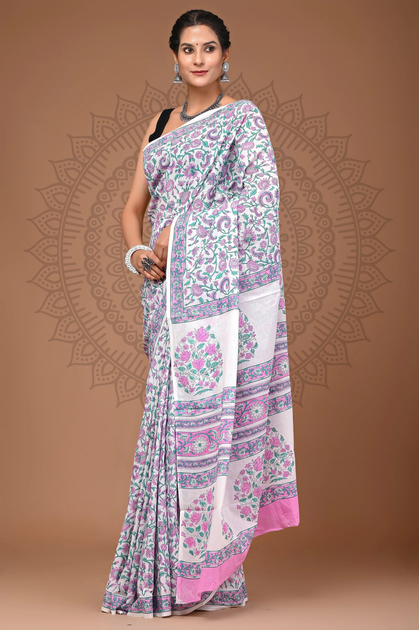 Hand Block Printed Pure mul Cotton Saree