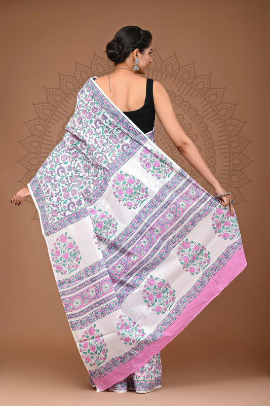 Hand Block Printed Pure mul Cotton Saree