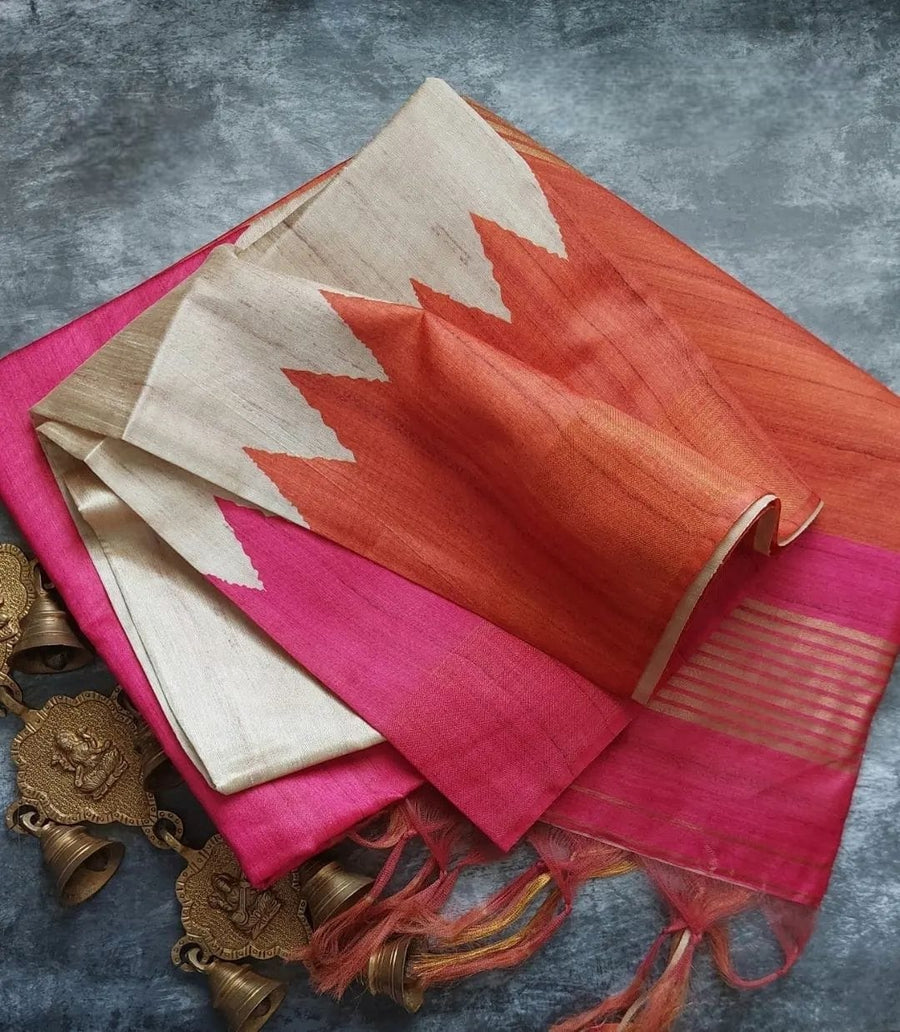 TEMPLE BORDER SEMI TUSSAR SAREE