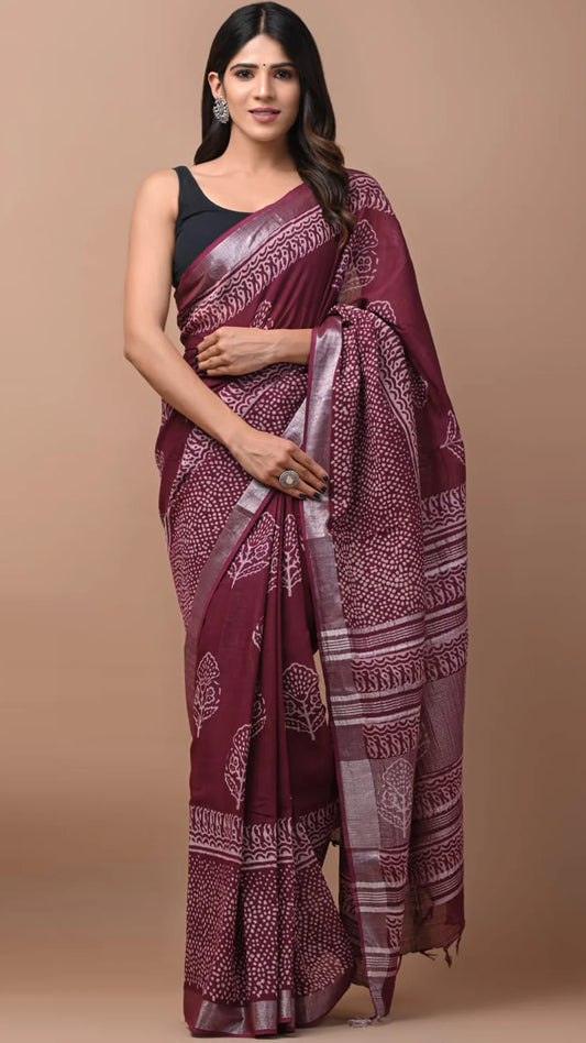 Hand Block Printed Linen Saree