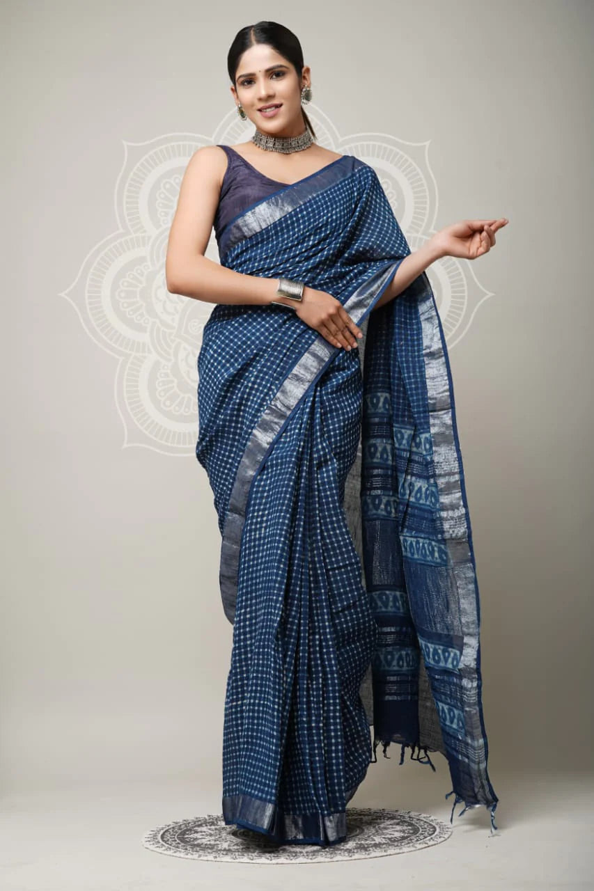 Hand Block Printed Linen Saree