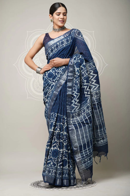 Hand Block Printed Linen Saree