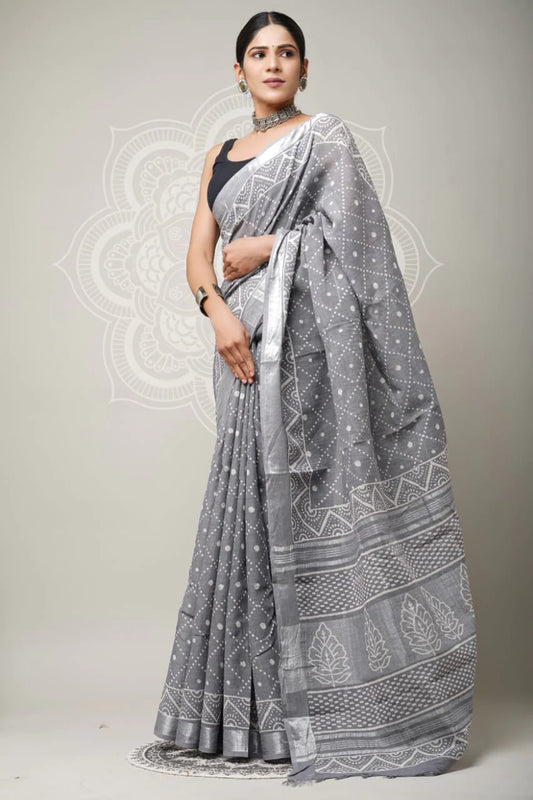 Hand Block Printed Linen Saree