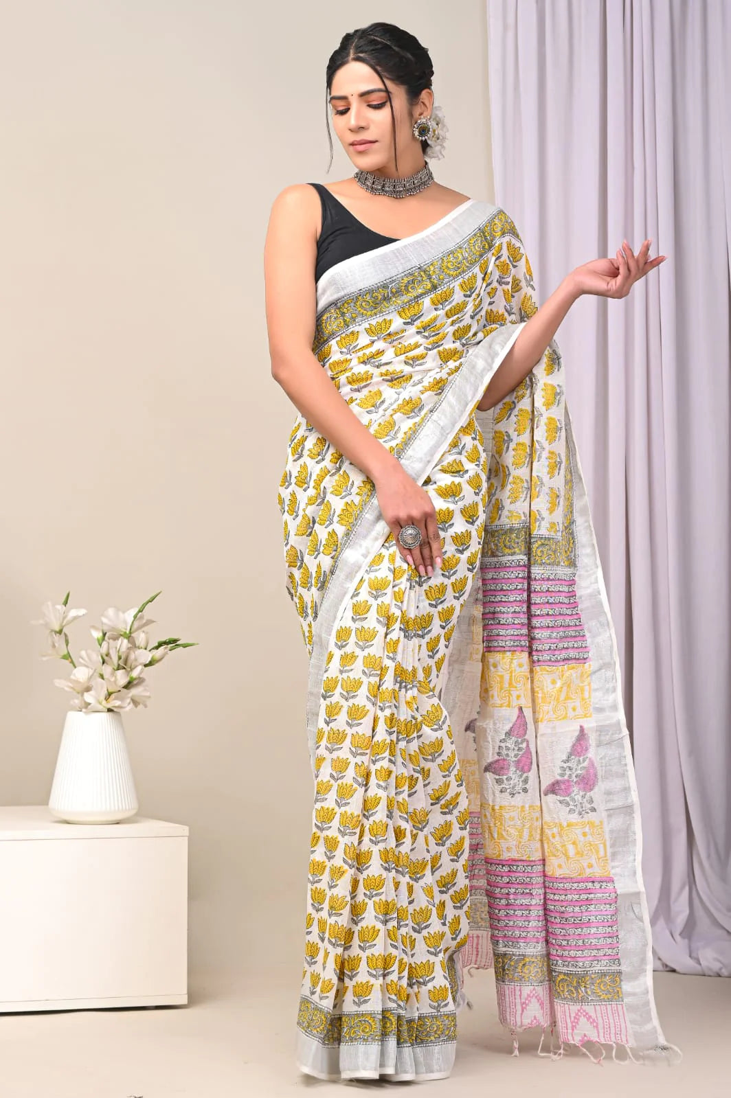 Hand Block Printed Linen Saree