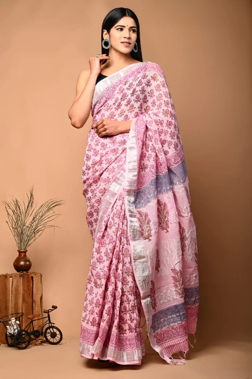 Hand Block Printed Linen Saree