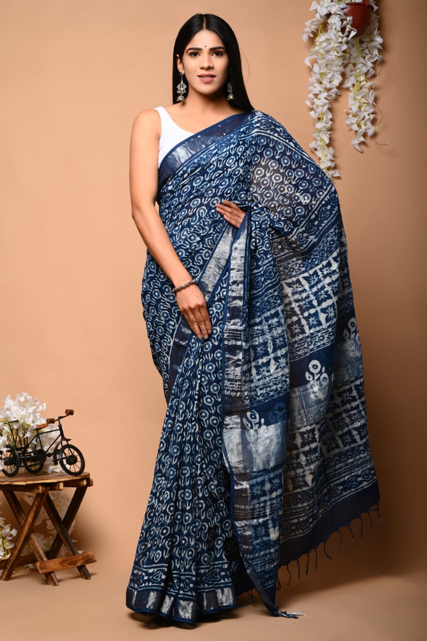 Hand Block Printed Linen Saree