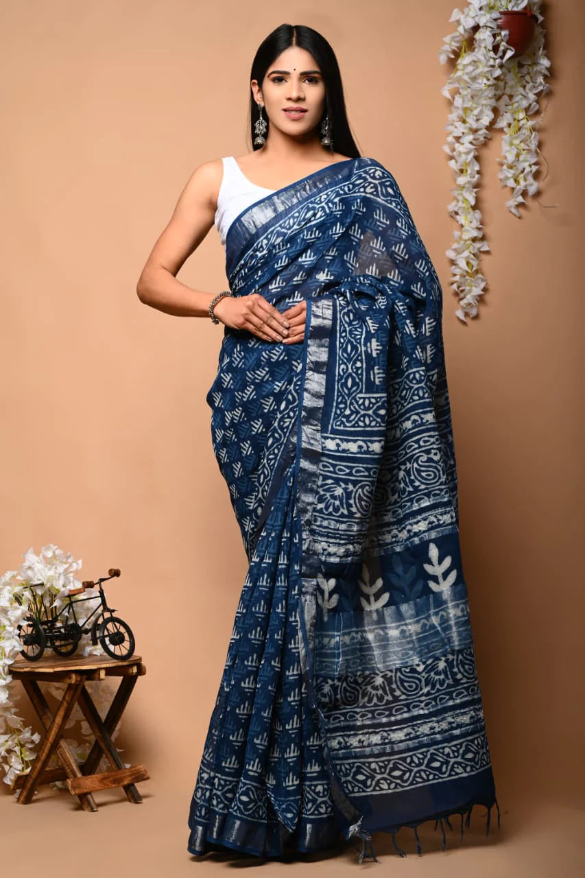 Hand Block Printed Linen Saree