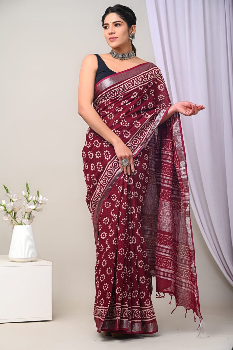 Hand Block Printed Linen Saree