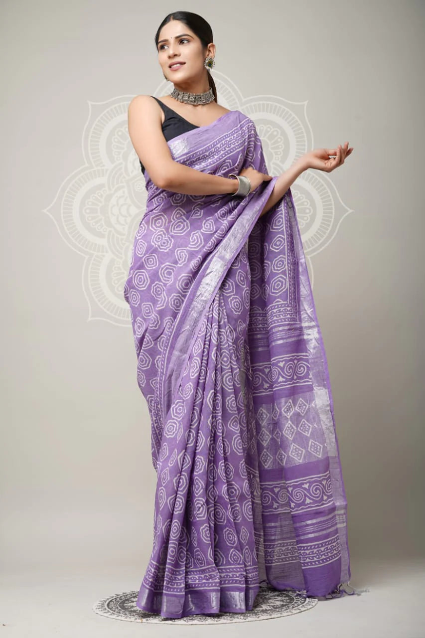 Hand Block Printed Linen Saree