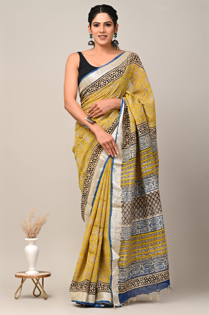 Hand Block Printed Linen Saree