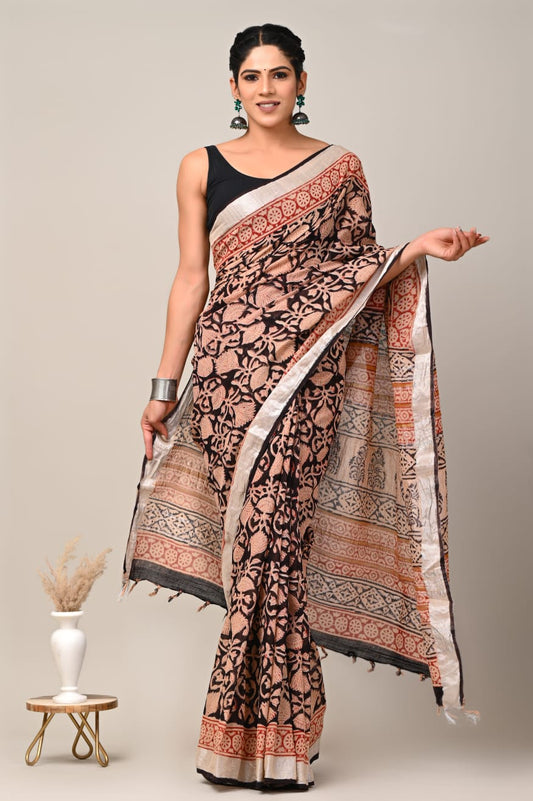 Hand Block Printed Linen Saree