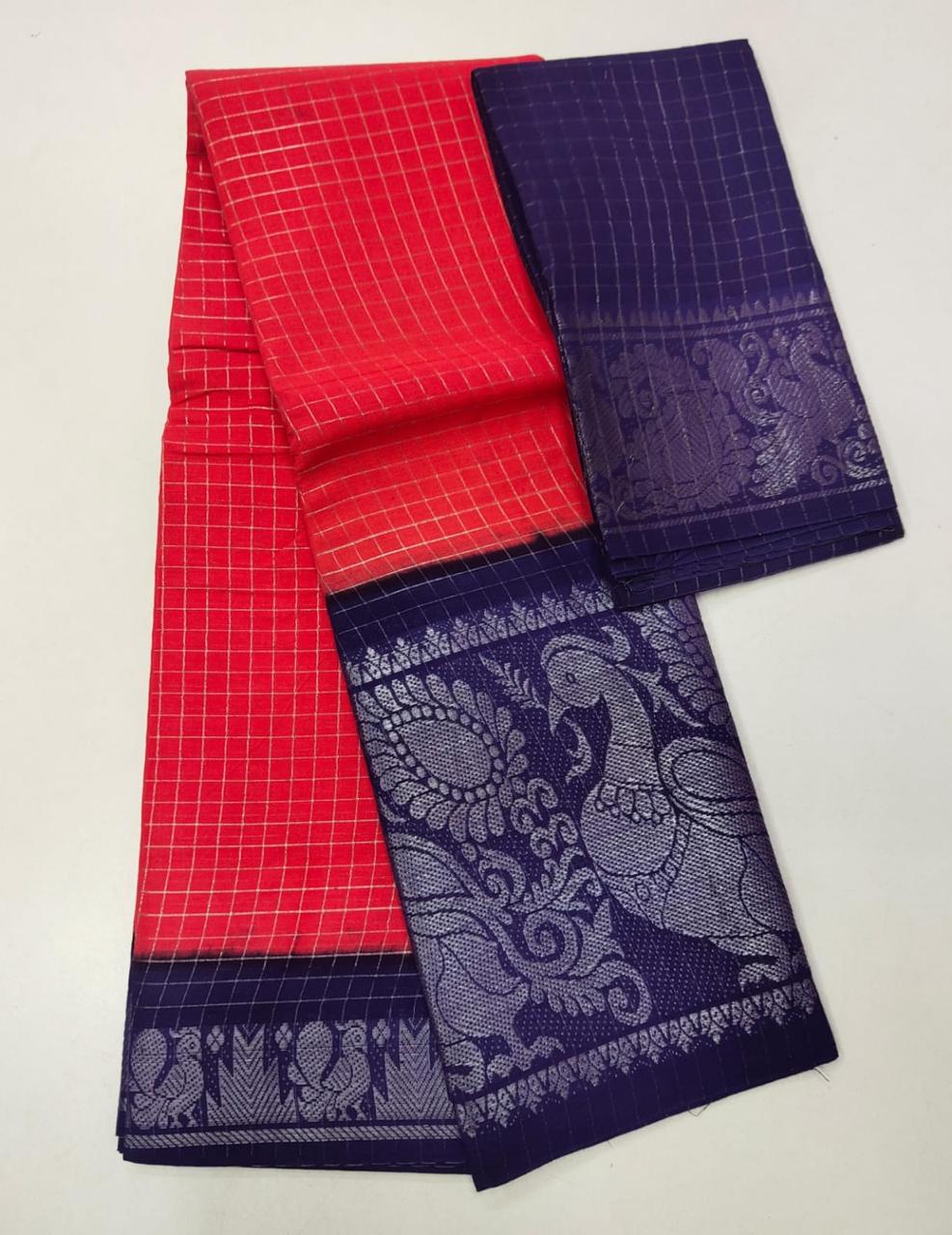 SUNGUDI PURE HANDLOOM COTTON SAREE - DOUBLE SIDE SILVER ZARI BORDER