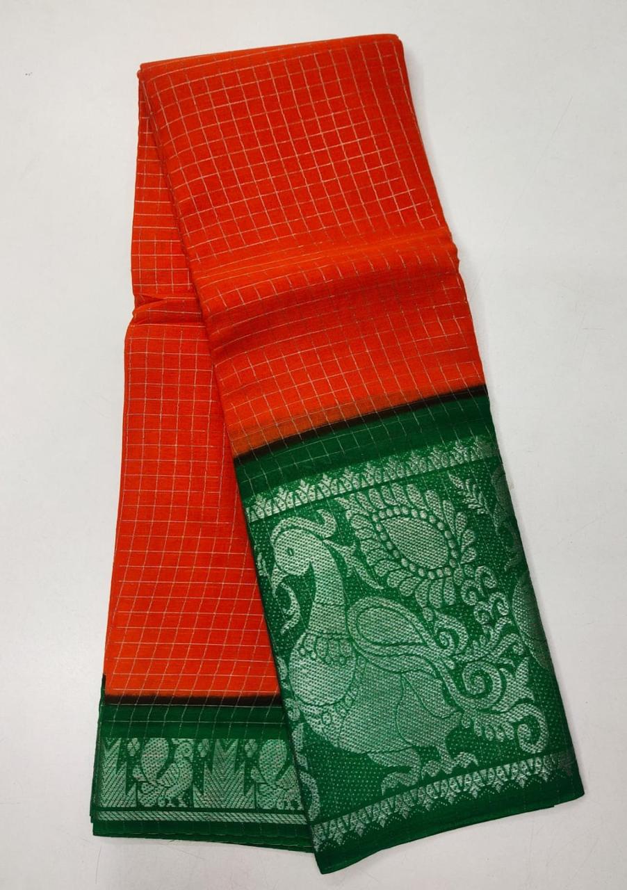 SUNGUDI PURE HANDLOOM COTTON SAREE - DOUBLE SIDE SILVER ZARI BORDER