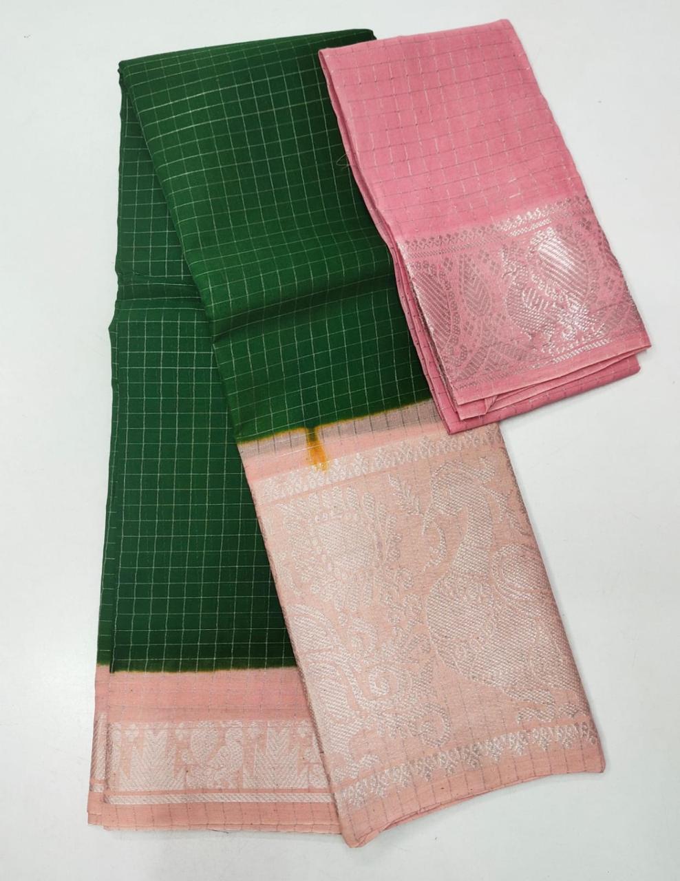 SUNGUDI PURE HANDLOOM COTTON SAREE - DOUBLE SIDE SILVER ZARI BORDER