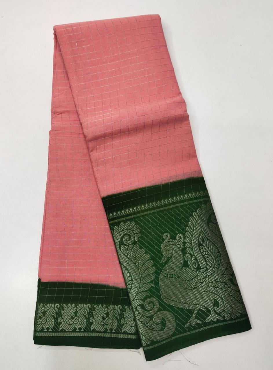 SUNGUDI PURE HANDLOOM COTTON SAREE - DOUBLE SIDE SILVER ZARI BORDER