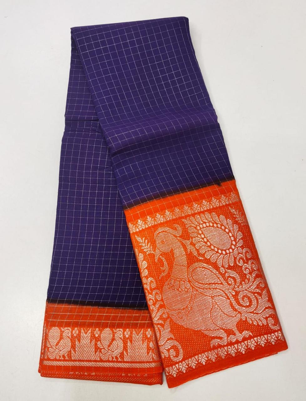 SUNGUDI PURE HANDLOOM COTTON SAREE - DOUBLE SIDE SILVER ZARI BORDER