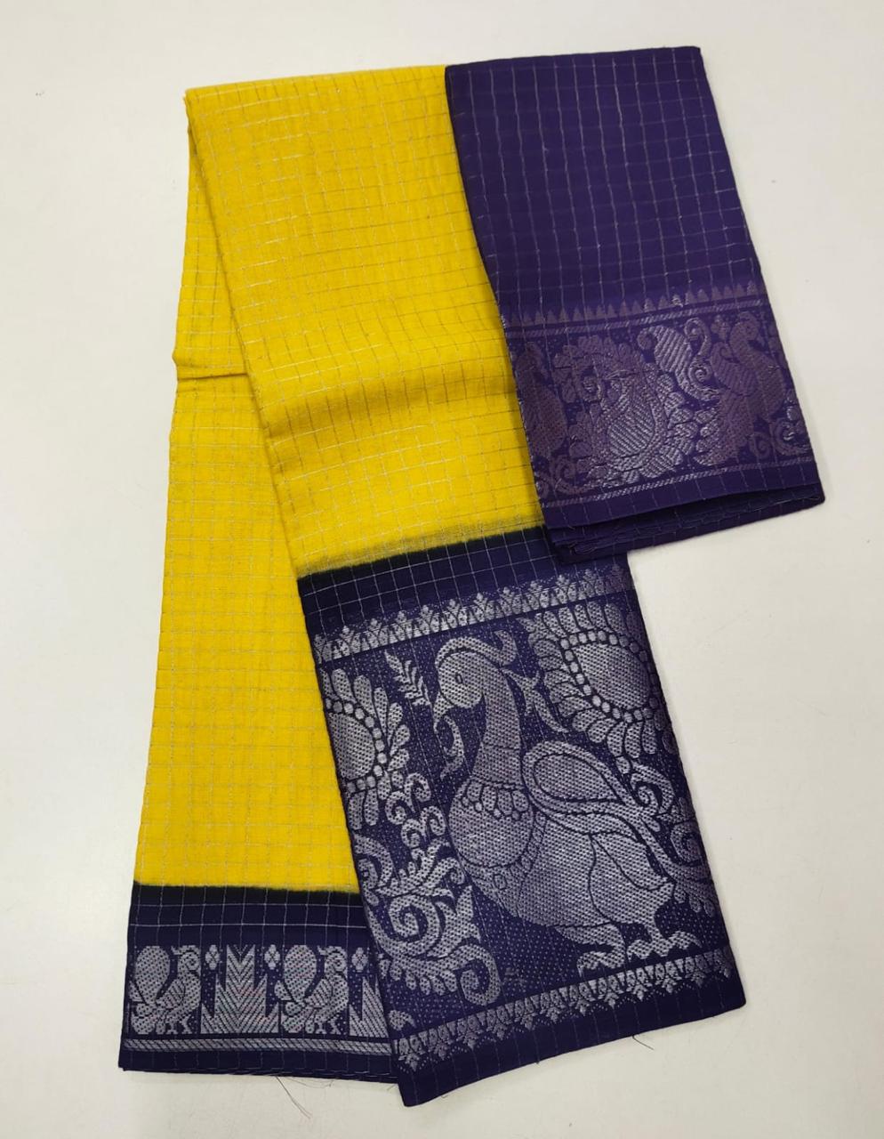 SUNGUDI PURE HANDLOOM COTTON SAREE - DOUBLE SIDE SILVER ZARI BORDER