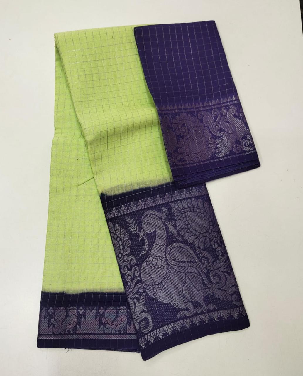 SUNGUDI PURE HANDLOOM COTTON SAREE - DOUBLE SIDE SILVER ZARI BORDER