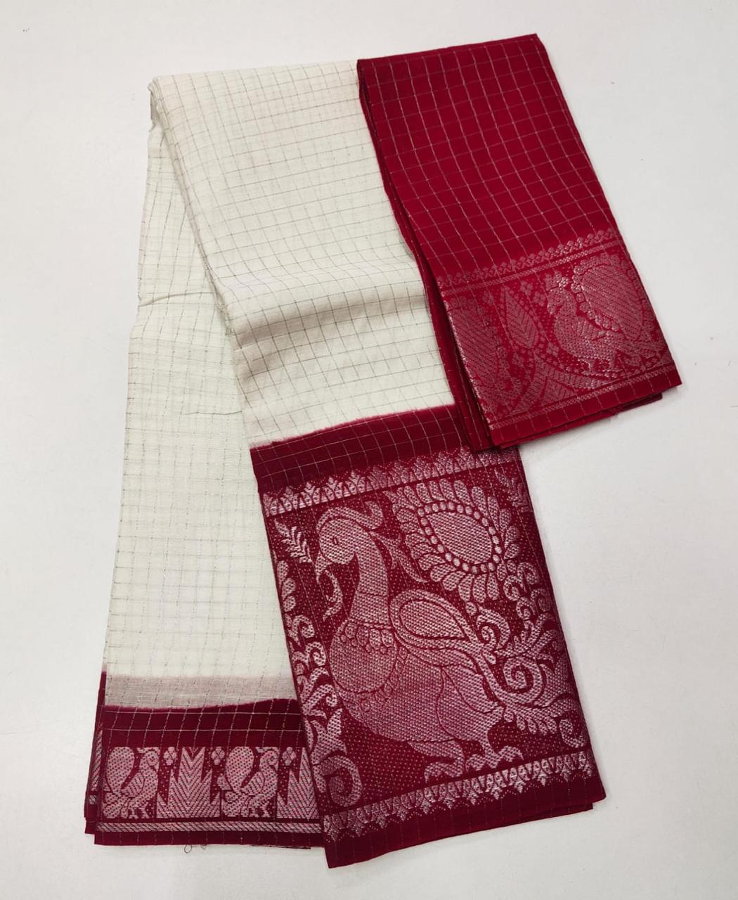 SUNGUDI PURE HANDLOOM COTTON SAREE - DOUBLE SIDE SILVER ZARI BORDER