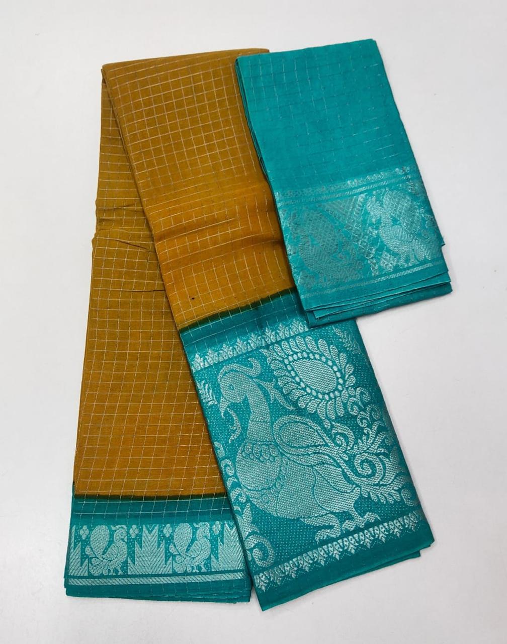 SUNGUDI PURE HANDLOOM COTTON SAREE - DOUBLE SIDE SILVER ZARI BORDER