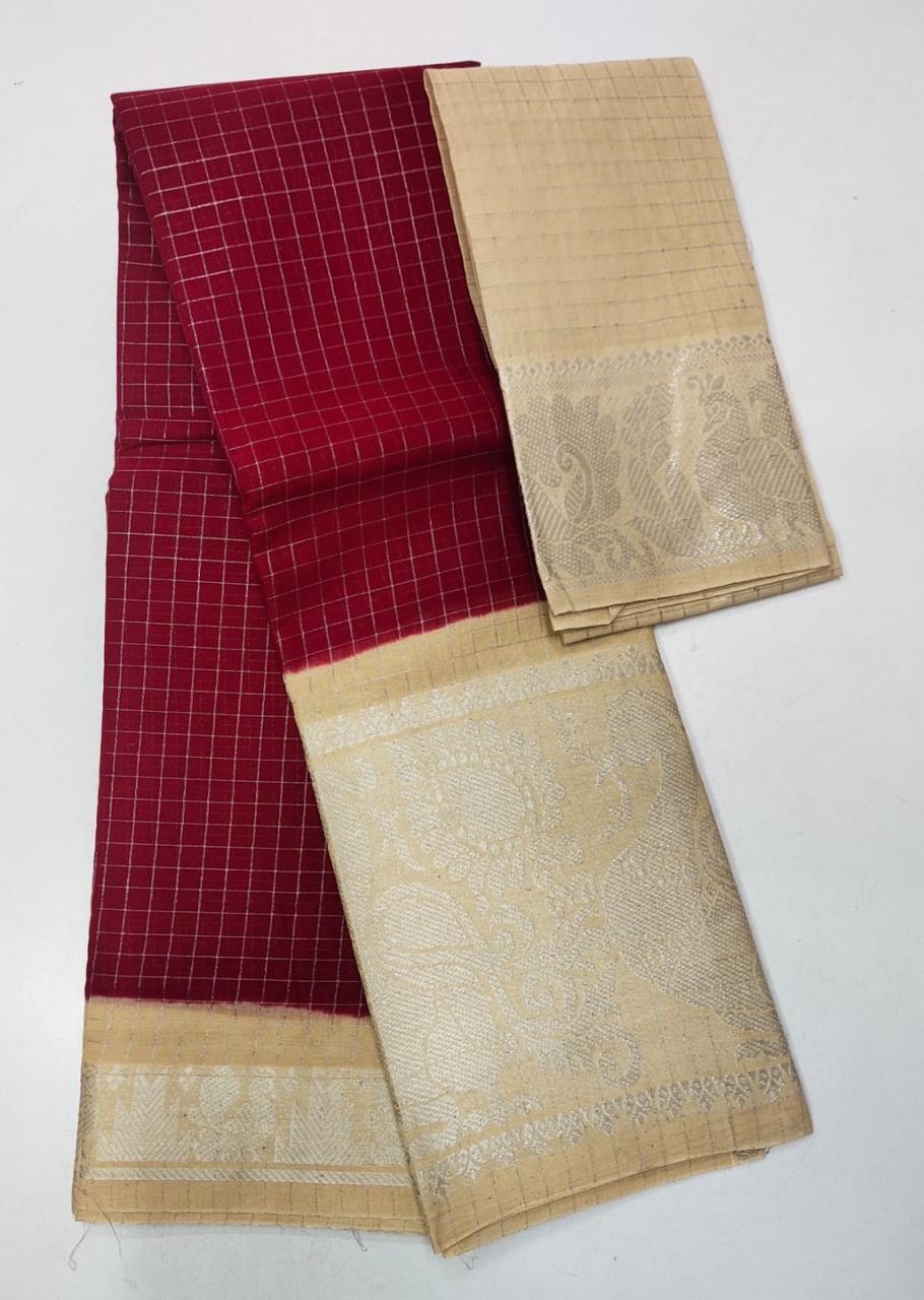 SUNGUDI PURE HANDLOOM COTTON SAREE - DOUBLE SIDE SILVER ZARI BORDER