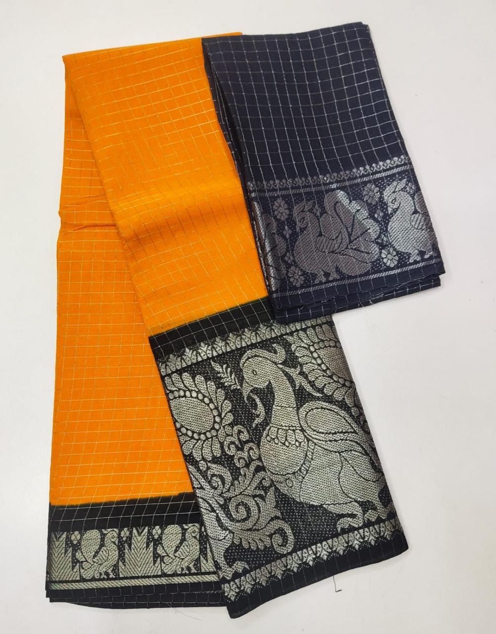 SUNGUDI PURE HANDLOOM COTTON SAREE - DOUBLE SIDE SILVER ZARI BORDER