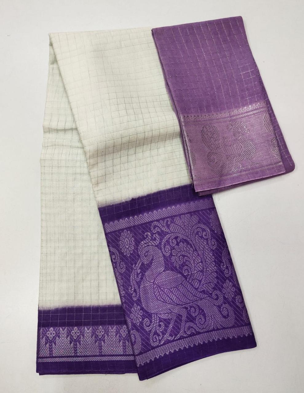 SUNGUDI PURE HANDLOOM COTTON SAREE - DOUBLE SIDE SILVER ZARI BORDER