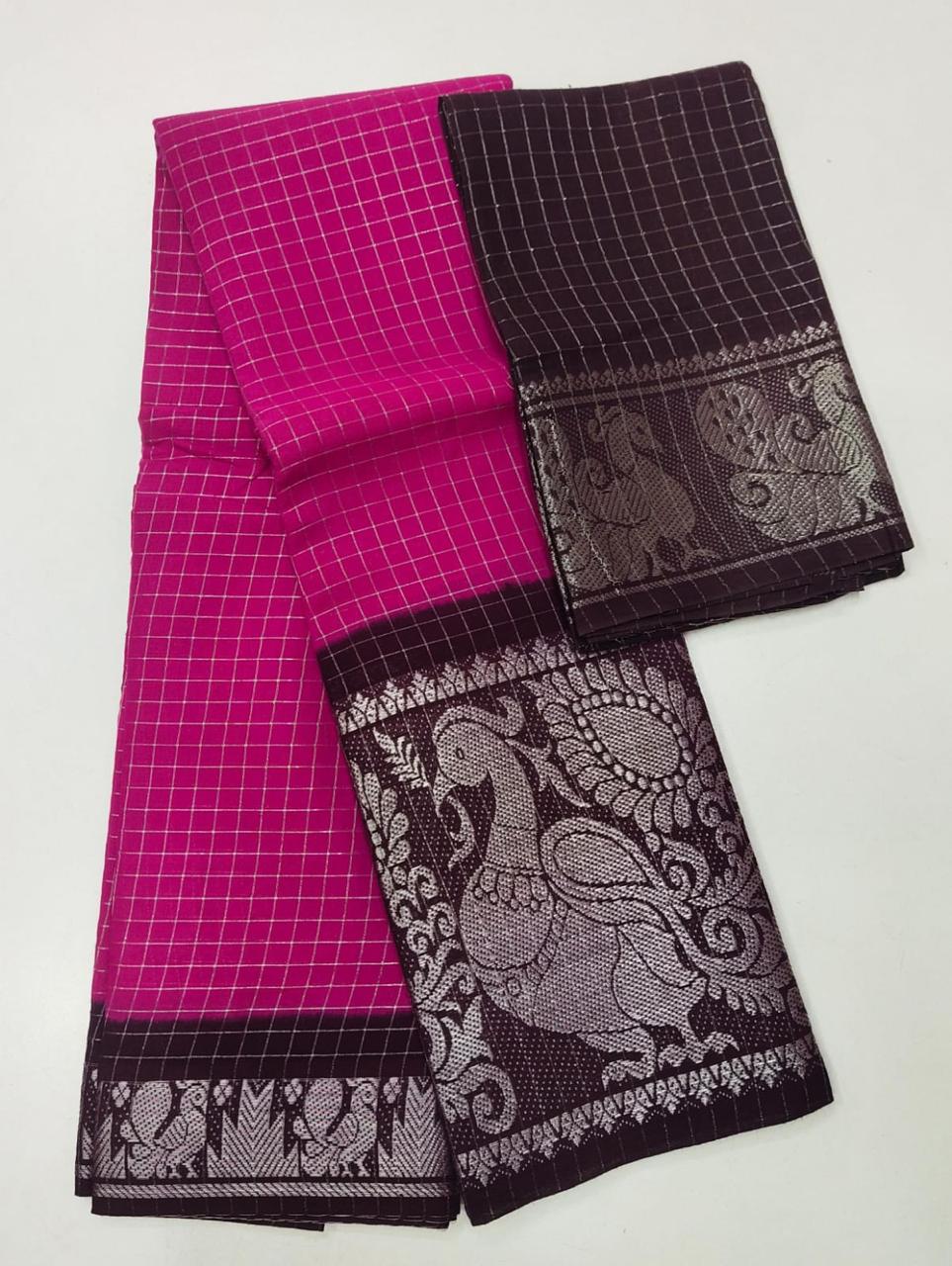 SUNGUDI PURE HANDLOOM COTTON SAREE - DOUBLE SIDE SILVER ZARI BORDER