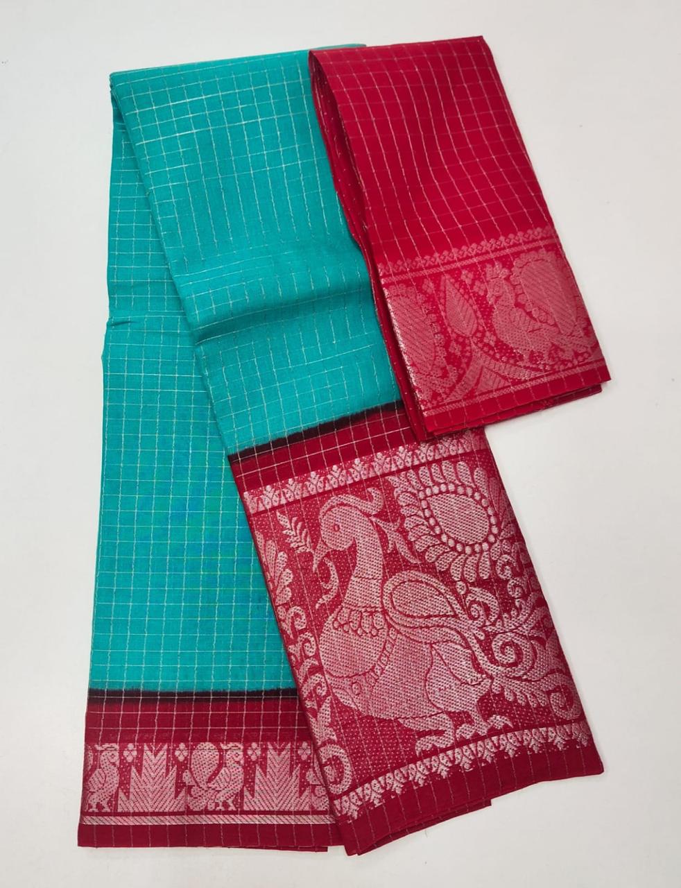 SUNGUDI PURE HANDLOOM COTTON SAREE - DOUBLE SIDE SILVER ZARI BORDER