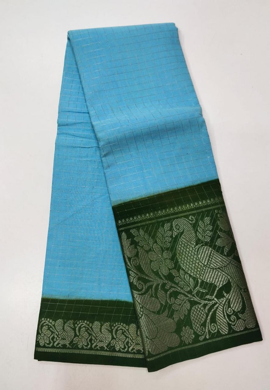 SUNGUDI PURE HANDLOOM COTTON SAREE - DOUBLE SIDE SILVER ZARI BORDER