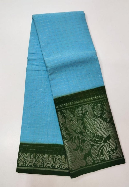 SUNGUDI PURE HANDLOOM COTTON SAREE - DOUBLE SIDE SILVER ZARI BORDER