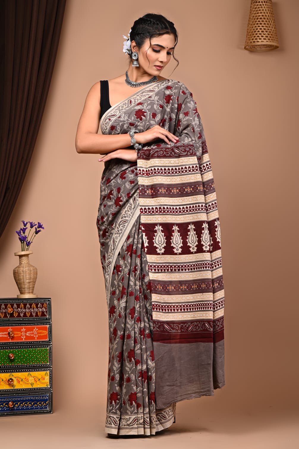 Handblock printed Mulmul soft cotton saree