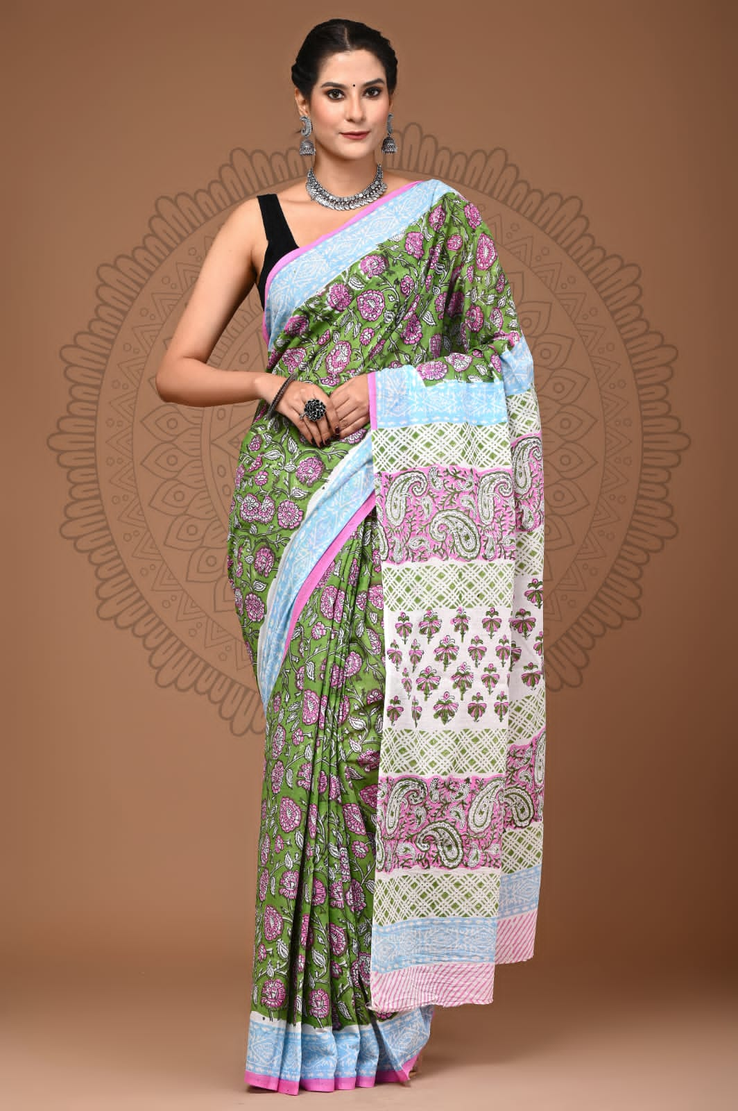 Handblock printed Mulmul soft cotton saree