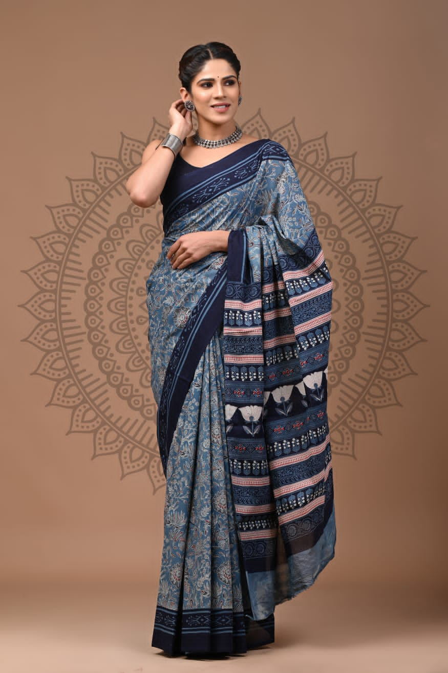 Handblock printed Mulmul soft cotton saree