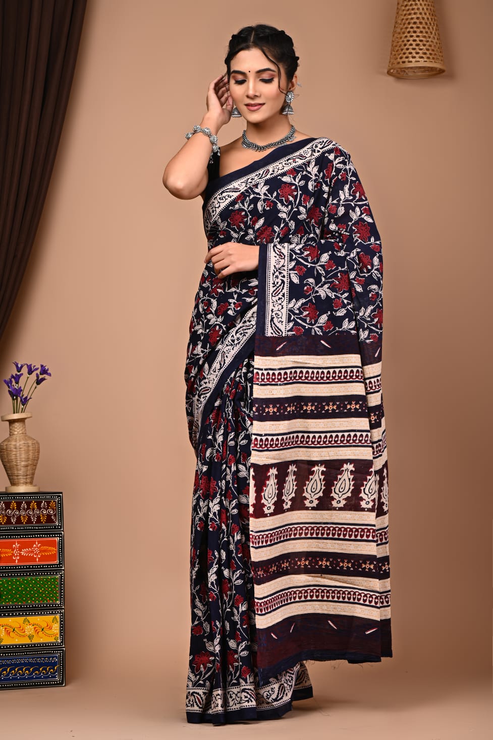 Handblock printed Mulmul soft cotton saree