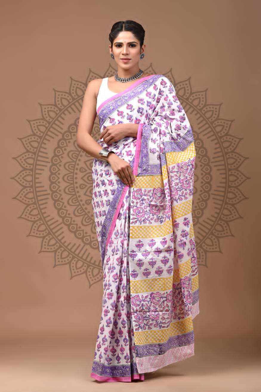 Handblock printed Mulmul soft cotton saree