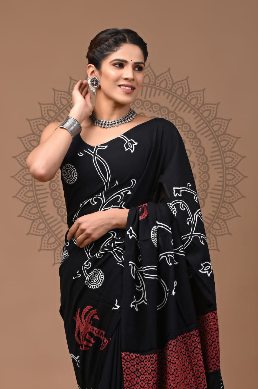 Handblock printed Mulmul soft cotton saree