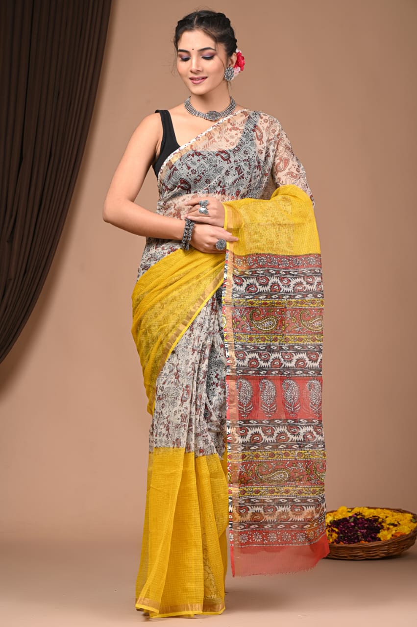 Exclusive hand Block Printed Kota Doria Saree