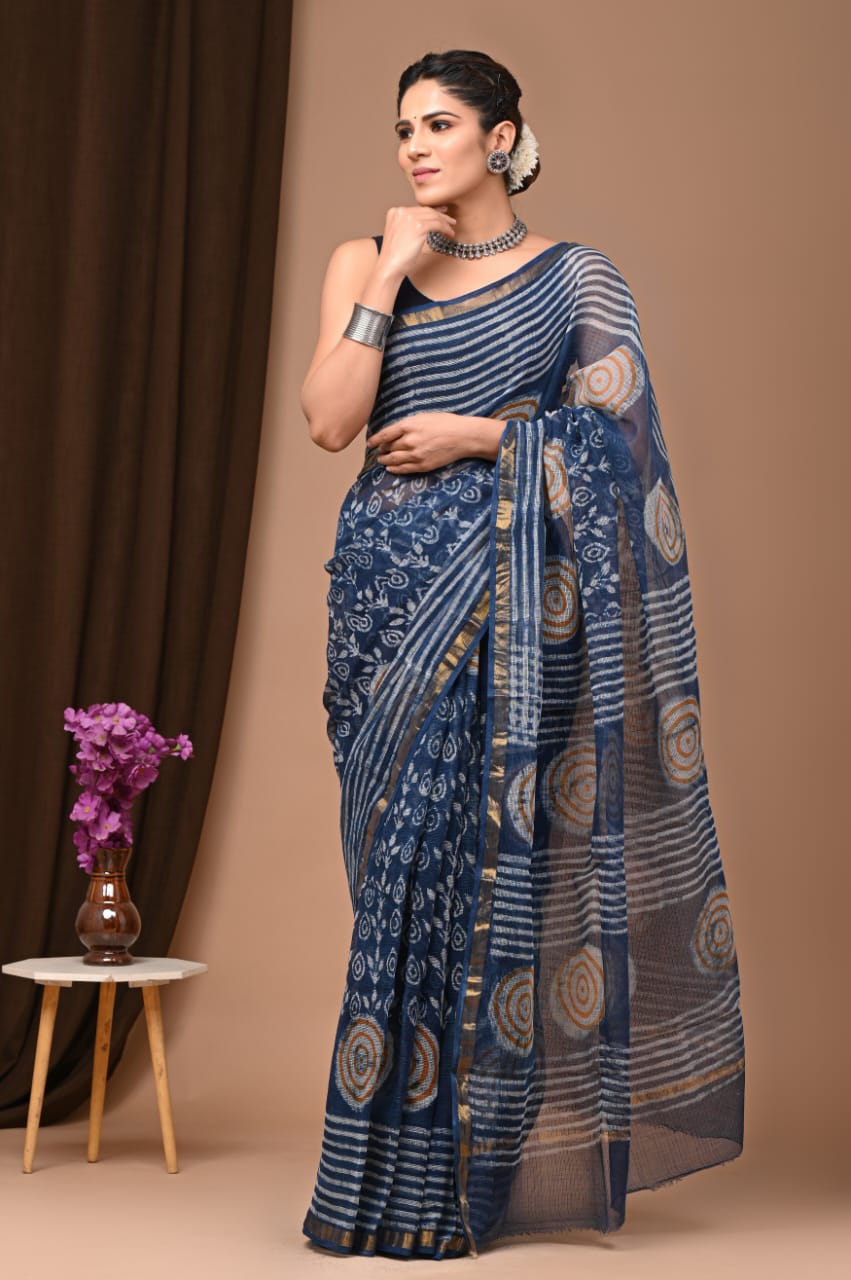 Exclusive hand Block Printed Kota Doria Saree