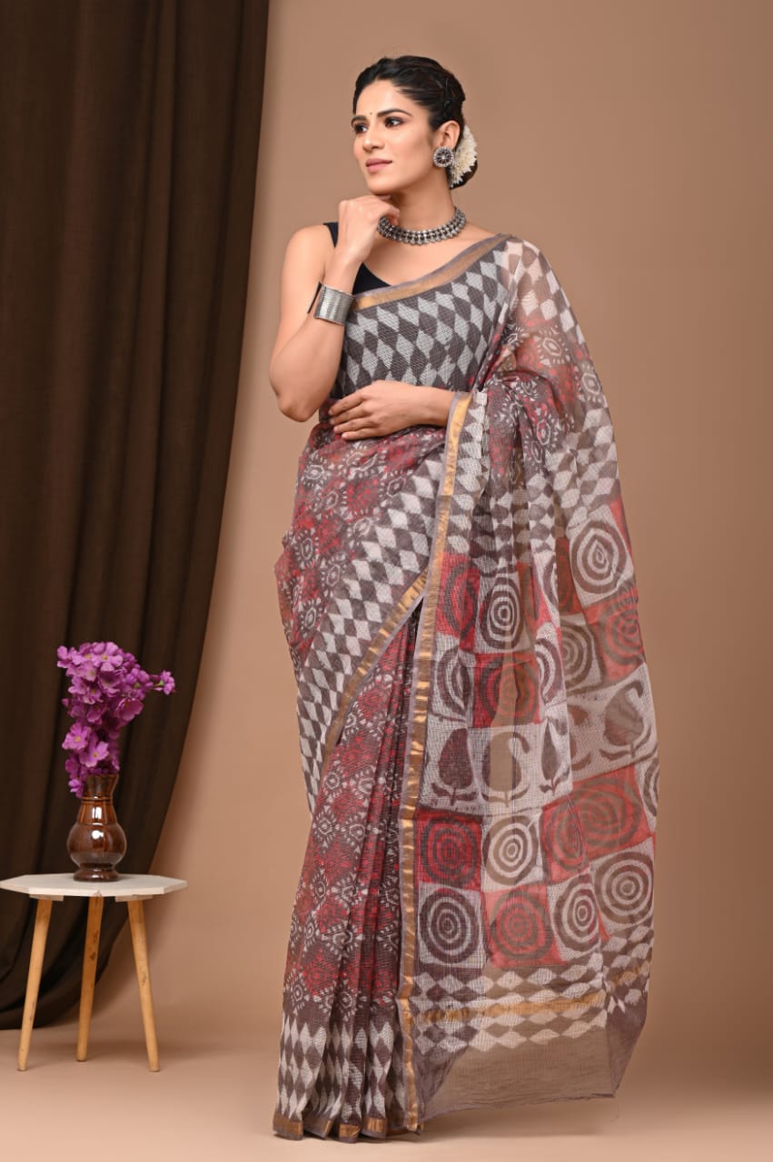 Exclusive hand Block Printed Kota Doria Saree