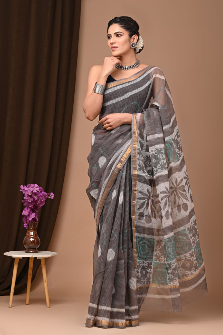 Exclusive hand Block Printed Kota Doria Saree