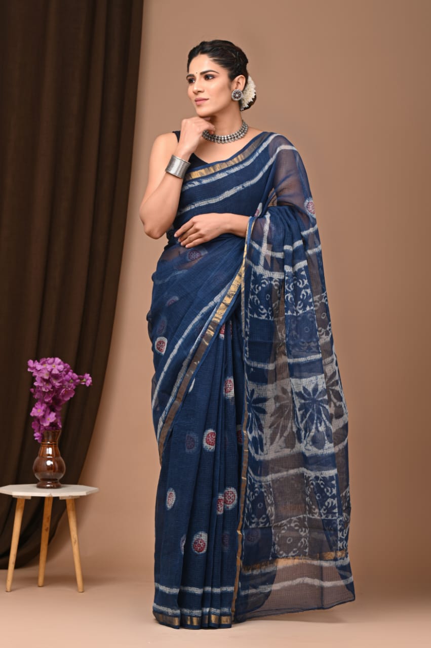 Exclusive hand Block Printed Kota Doria Saree